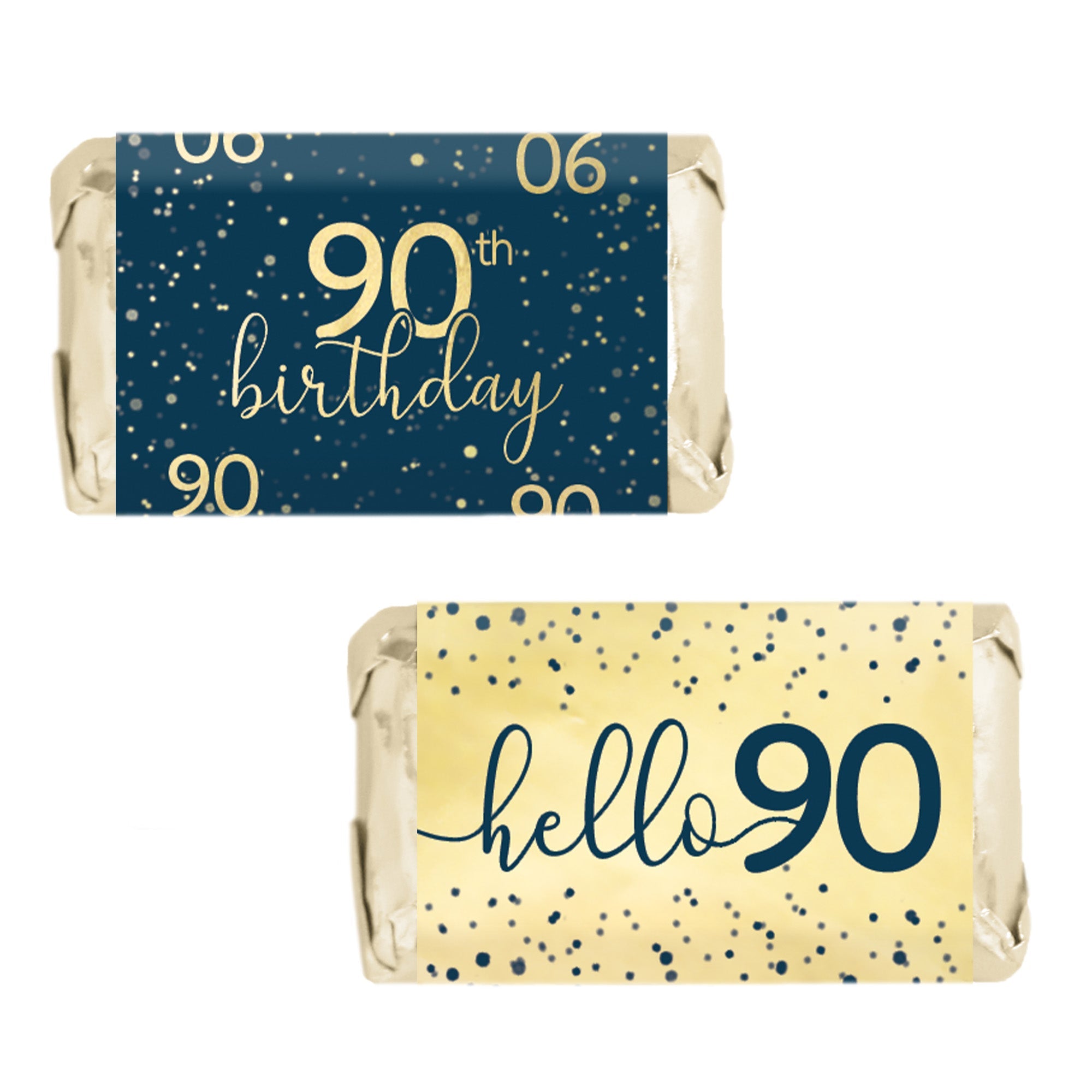 Navy Blue and Gold 90th Birthday Hershey's® Miniatures Candy Bar Wrappers Stickers